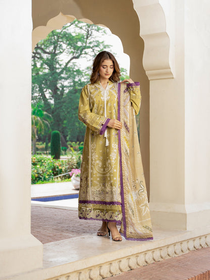 Olive Dust — 3PC Embroidered Luxury Lawn Suit with Printed Silk Dupatta | Wirsa Summer Collection - Unstitched 3Pc - wirsa fabric