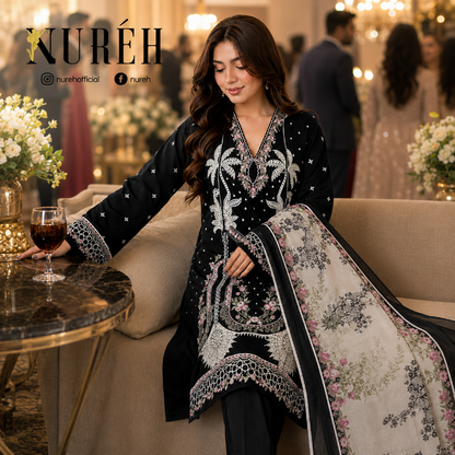 A woman models a black embroidered ethnic kurta set with intricate silver, white, and pink floral embroidery, paired with a beige printed dupatta, in a decorated indoor event setting. The brand name 'NURÉH' is visible in the top left corner.