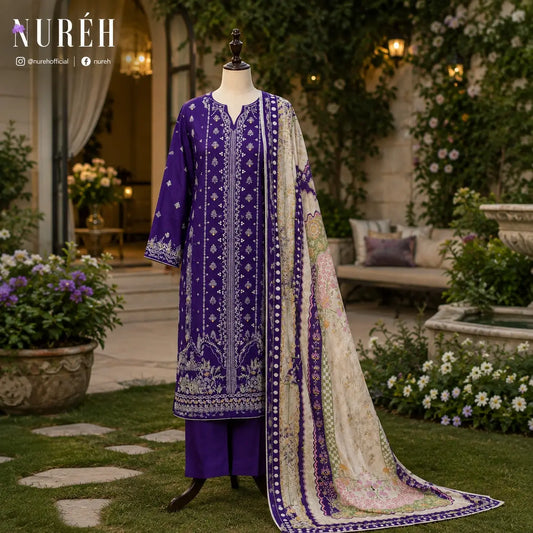 Wirsa Fabric offering a purple and beige ethnic three-piece suit displayed on a mannequin in an outdoor garden courtyard. The set includes a purple kurta with intricate silver embroidery, matching purple trousers, and a beige dupatta with purple and green floral patterns.