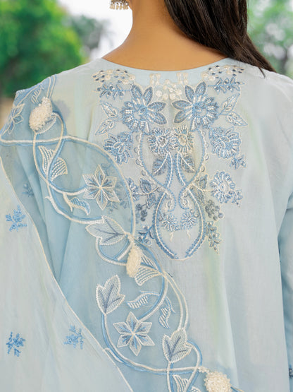 Opal Sky 3PC Lawn Suit Back View – Powder Blue Embroidered Chiffon Dupatta with Scalloped Border and Floral Booti | Wirsa Pakistan
