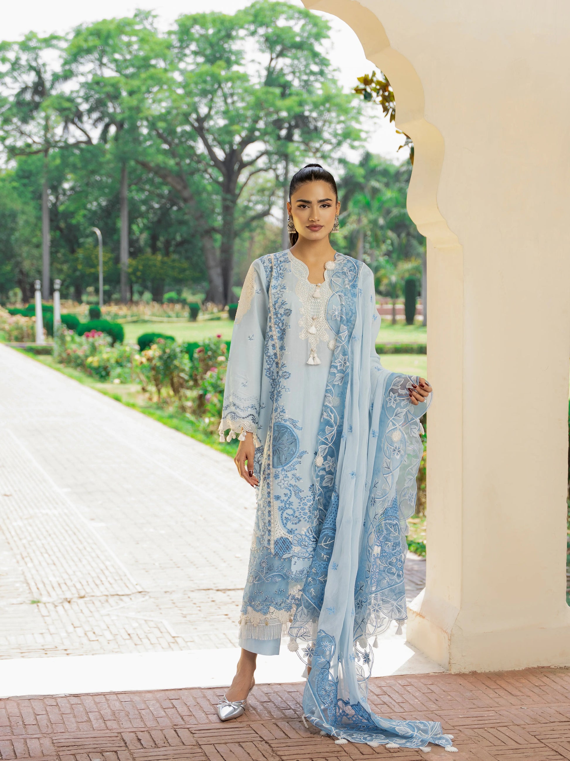 Opal Sky Sky-Blue Unstitched Lawn Suit – Full Front View with Embroidered Chiffon Dupatta and Tassel Detail | Wirsa Summer Collection
