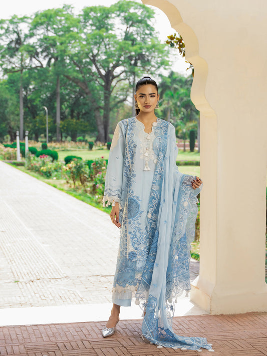 Opal Sky Sky-Blue Unstitched Lawn Suit – Full Front View with Embroidered Chiffon Dupatta and Tassel Detail | Wirsa Summer Collection