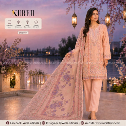 Nureh Riaz Arts Luxury Lawn Design 38 - Full Suit View with Plain Dyed Trouser and Printed Dupatta | Wirsa Fabric
