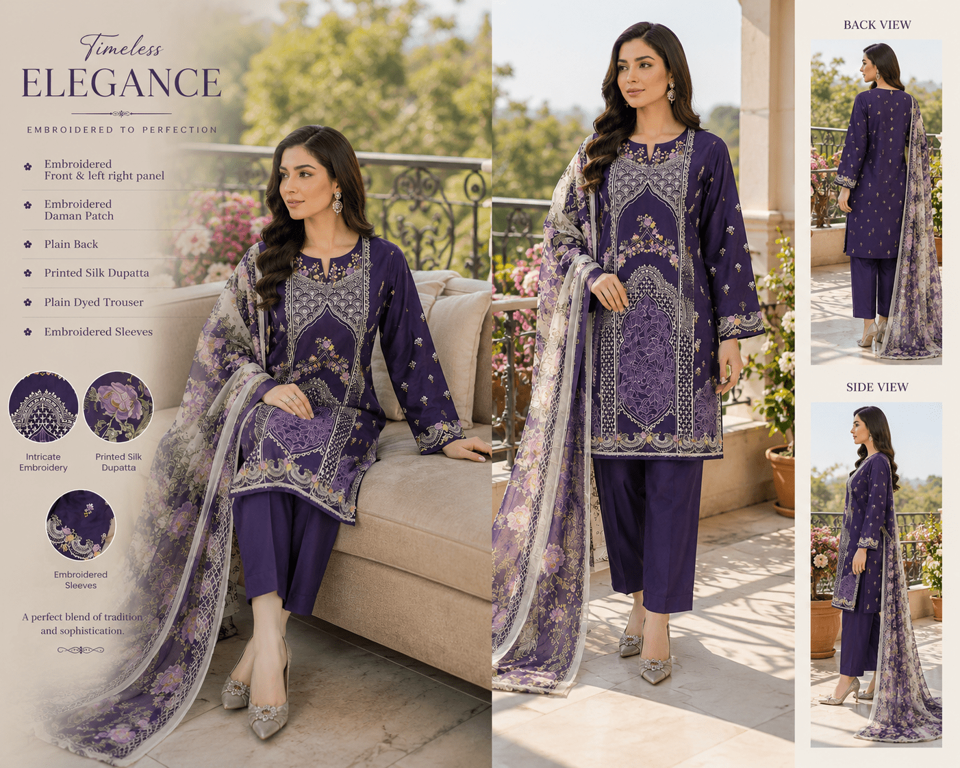 Nureh Riaz Arts Luxury Embroidered 3pc - Design 14 - Unstitched 3Pc - wirsa fabric
