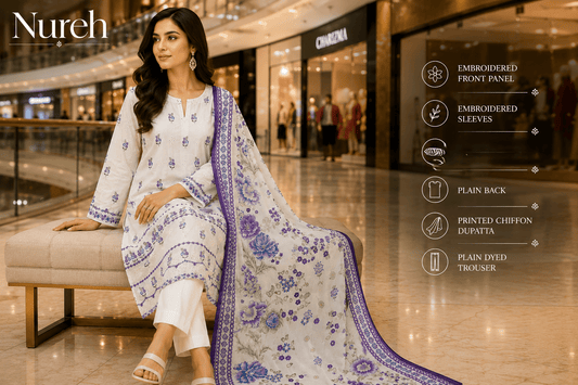 Nureh Riaz Arts Luxury Embroidered 3pc - Design 17 - Unstitched 3Pc - wirsa fabric
