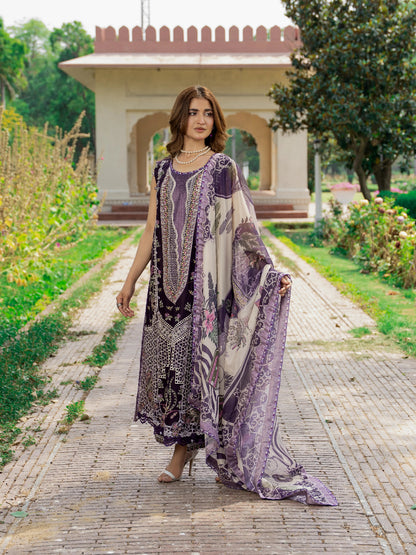 Royal Plum Deep Purple Embroidered Luxury Lawn Suit – Front Portrait with Printed Silk Dupatta and Pearl Necklace | Wirsa Summer Collection