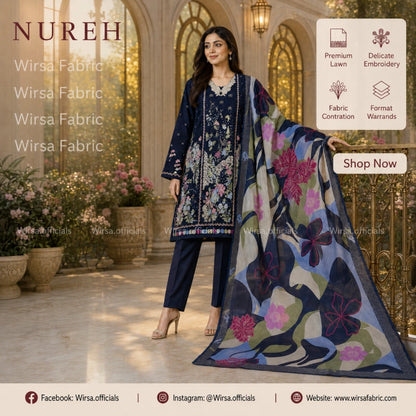 Nureh Riaz Arts Luxury Embroidered Lawn 3pc Design 37 - Embroidered Front with Silk Dupatta | Wirsa Fabric Pakistan
