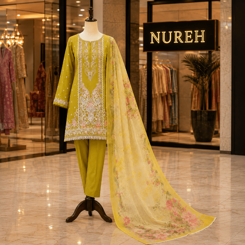 Nureh Riaz Arts Luxury Embroidered 3pc - Design 27 - Unstitched 3Pc - wirsa fabric