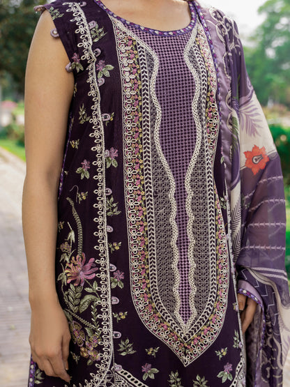 Royal Plum Chest Embroidery Detail – Intricate Cutwork Neckline with Geometric and Floral Embroidery on Deep Purple Luxury Lawn | Wirsa