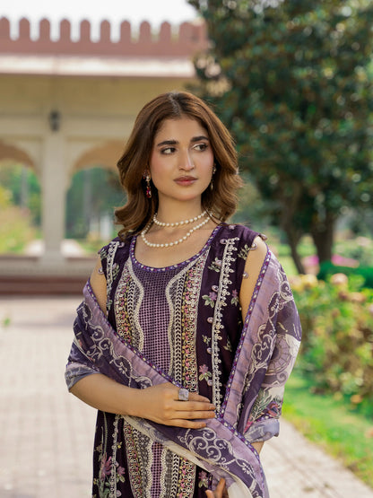 Royal Plum Deep Purple Embroidered Luxury Lawn Suit – Front Portrait with Printed Silk Dupatta and Pearl Necklace | Wirsa Summer Collection