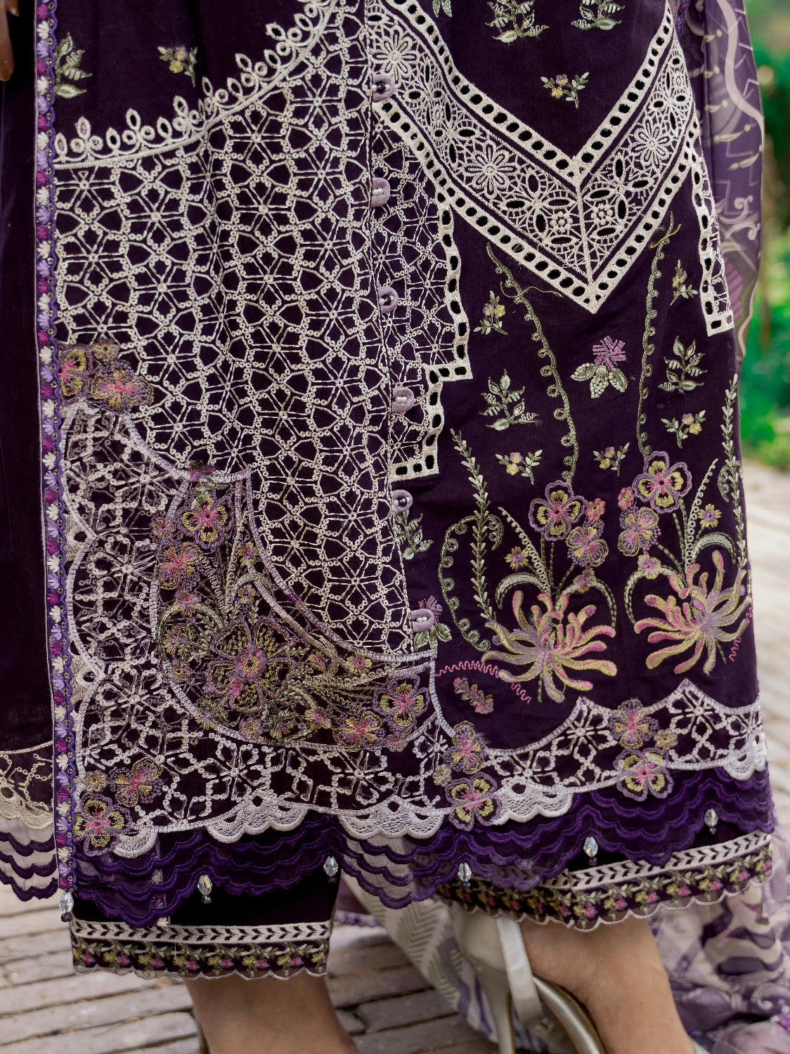 Royal Plum Side Panel Close-Up – Multi-Color Floral Embroidery with Cutwork Hem and Booti Pattern on Purple Unstitched Lawn | Wirsa