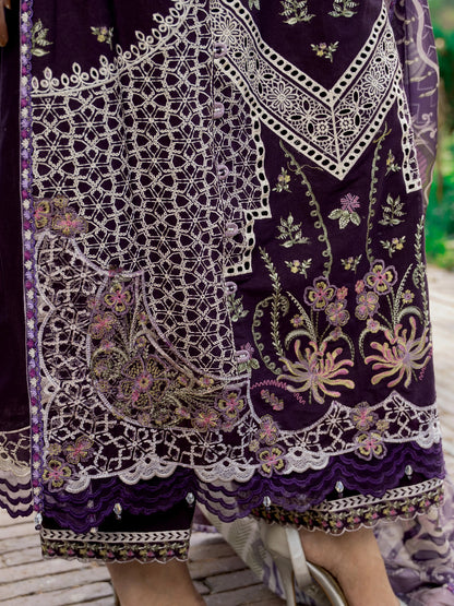 Royal Plum Side Panel Close-Up – Multi-Color Floral Embroidery with Cutwork Hem and Booti Pattern on Purple Unstitched Lawn | Wirsa