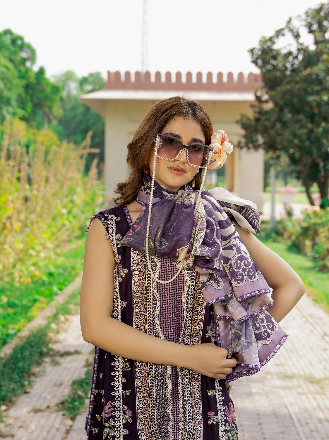 Royal Plum Editorial Look – Lavender Printed Silk Dupatta Draped Over Shoulder with Embroidered Purple Lawn Suit | Wirsa Summer