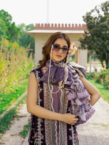 Royal Plum Editorial Look – Lavender Printed Silk Dupatta Draped Over Shoulder with Embroidered Purple Lawn Suit | Wirsa Summer