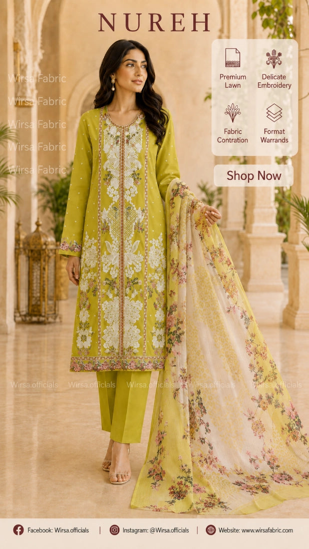 A woman models a Nureh salwar kameez suit in a warm beige interior setting. The outfit consists of a light olive green kurta and trousers with intricate white and gold floral embroidery, paired with a sheer beige dupatta featuring a pink and green floral print.