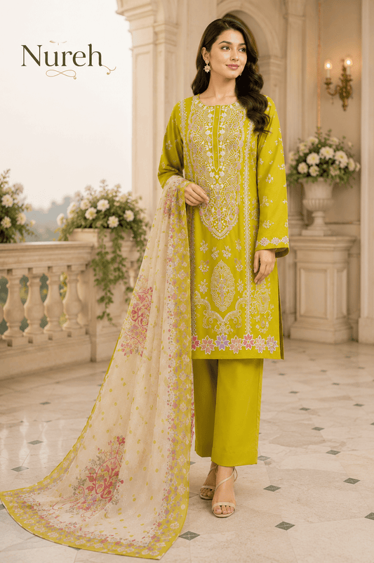 Nureh Riaz Arts Luxury Embroidered 3pc - Design 15 - Unstitched 3Pc - wirsa fabric