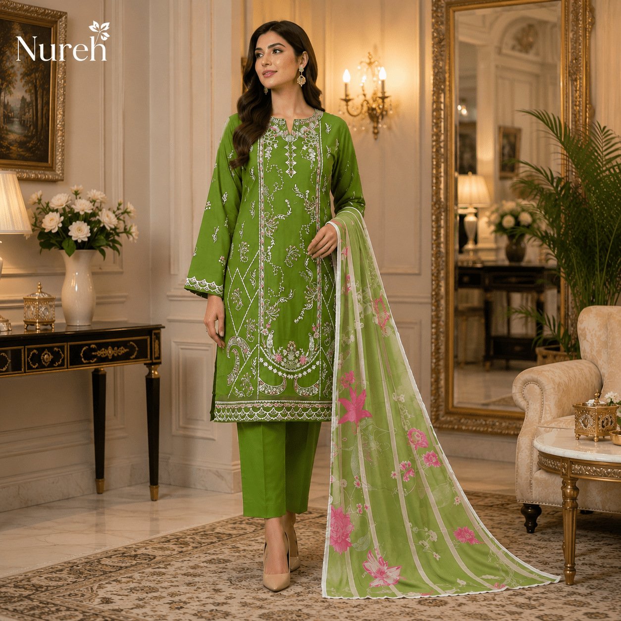 Nureh Riaz Arts Luxury Embroidered 3pc - Design 32 - Unstitched 3Pc - wirsa fabric