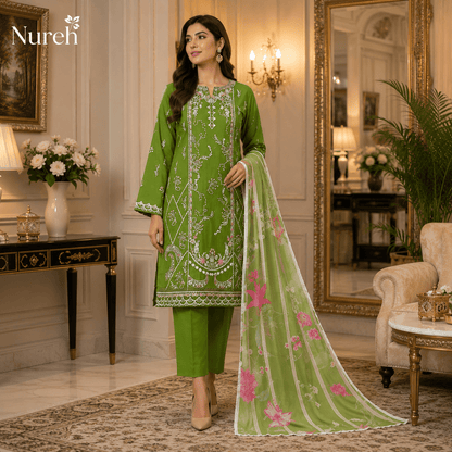 Nureh Riaz Arts Luxury Embroidered 3pc - Design 32 - Unstitched 3Pc - wirsa fabric