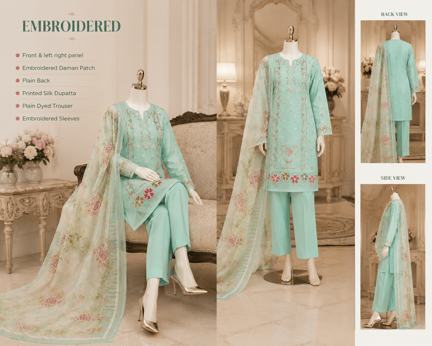 Nureh Riaz Arts Luxury Embroidered 3pc - Design 13 - Unstitched 3Pc - wirsa fabric