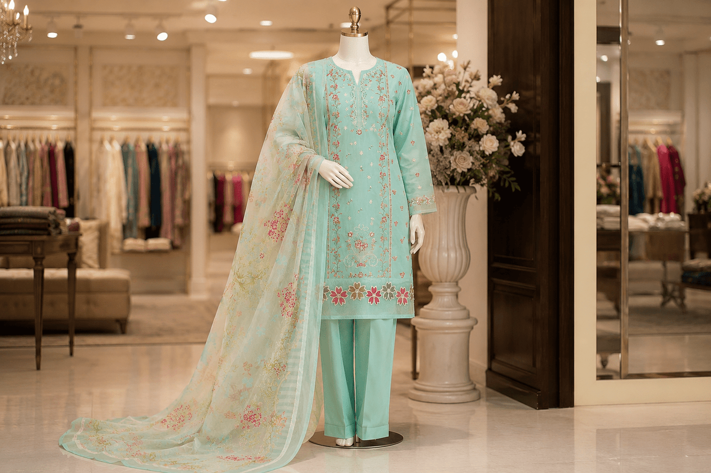 Nureh Riaz Arts Luxury Embroidered 3pc - Design 13 - Unstitched 3Pc - wirsa fabric