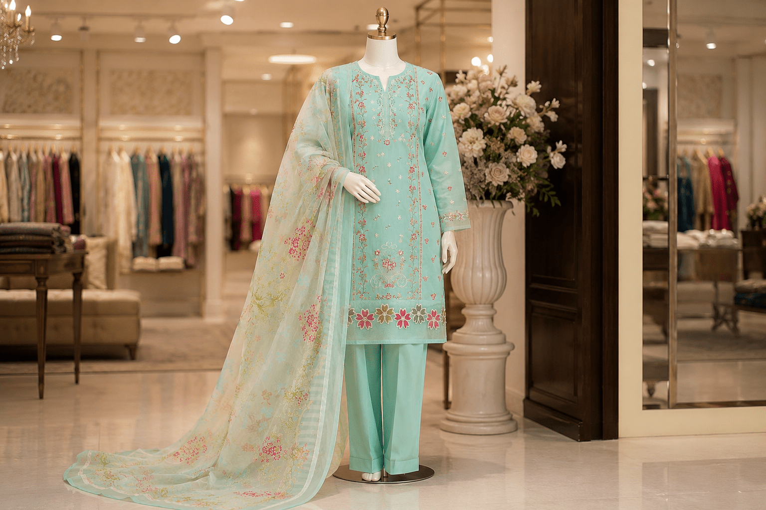 Nureh Riaz Arts Luxury Embroidered 3pc - Design 13 - Unstitched 3Pc - wirsa fabric