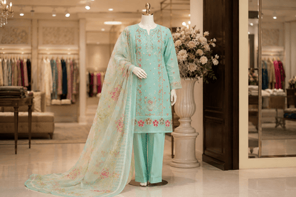 Nureh Riaz Arts Luxury Embroidered 3pc - Design 13 - Unstitched 3Pc - wirsa fabric