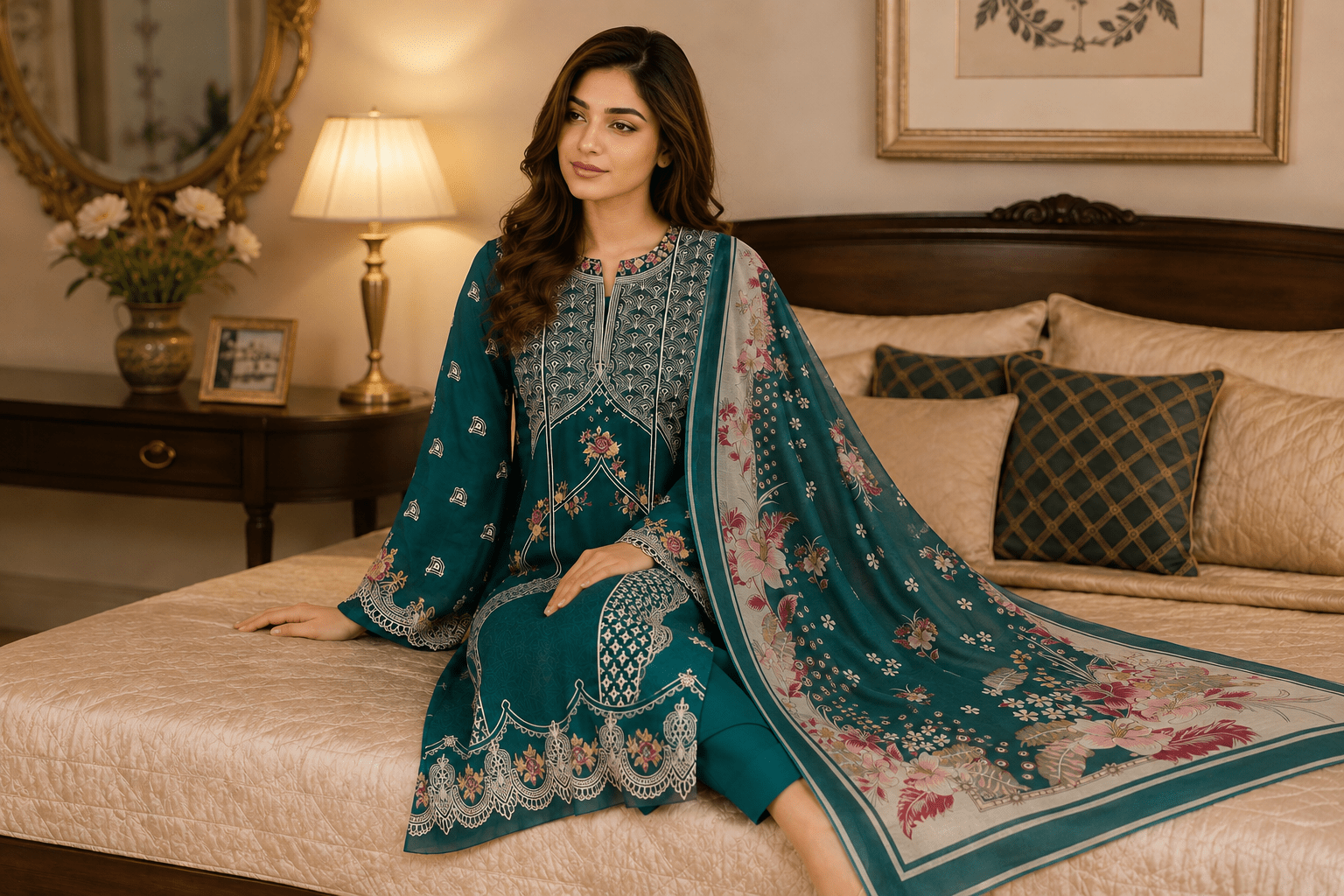 Nureh Riaz Arts Luxury Embroidered 3pc - Design 31 - Unstitched 3Pc - wirsa fabric