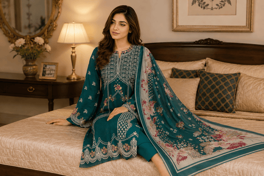 Nureh Riaz Arts Luxury Embroidered 3pc - Design 31 - Unstitched 3Pc - wirsa fabric