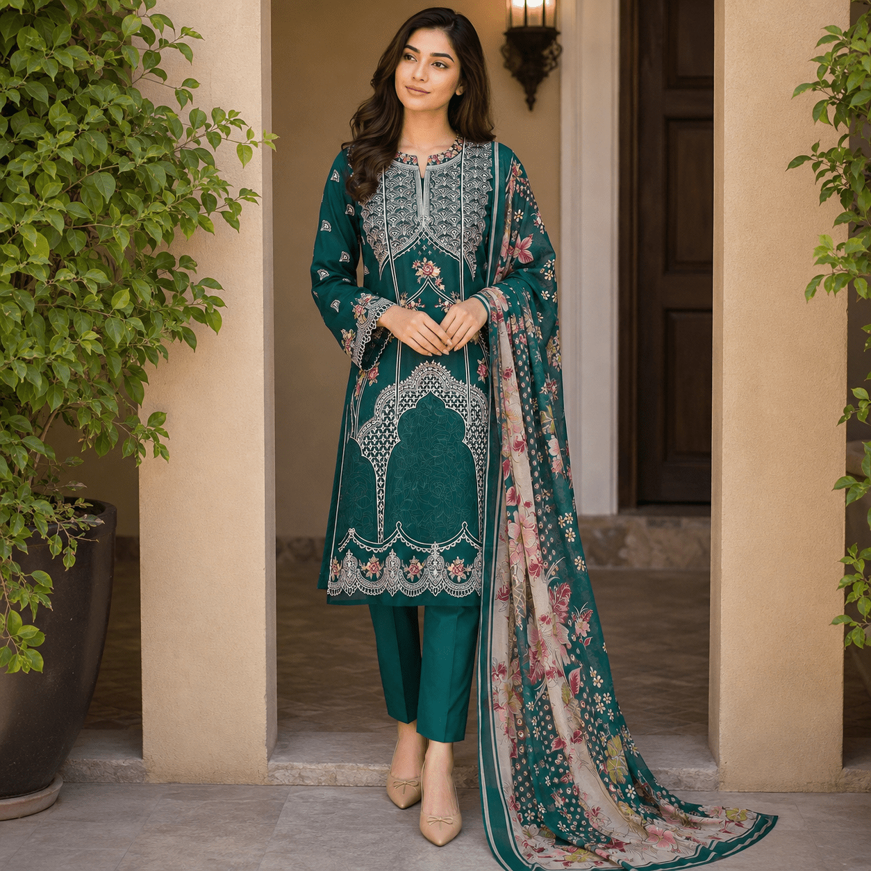 Nureh Riaz Arts Luxury Embroidered 3pc - Design 31 - Unstitched 3Pc - wirsa fabric
