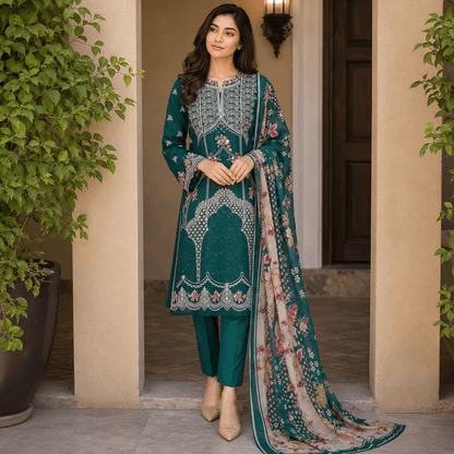 Nureh Riaz Arts Luxury Embroidered 3pc - Design 31 - Unstitched 3Pc - wirsa fabric