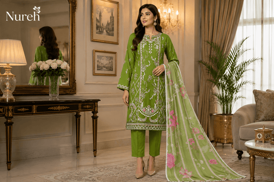 Nureh Riaz Arts Luxury Embroidered 3pc - Design 32 - Unstitched 3Pc - wirsa fabric