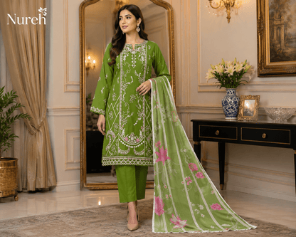Nureh Riaz Arts Luxury Embroidered 3pc - Design 32 - Unstitched 3Pc - wirsa fabric