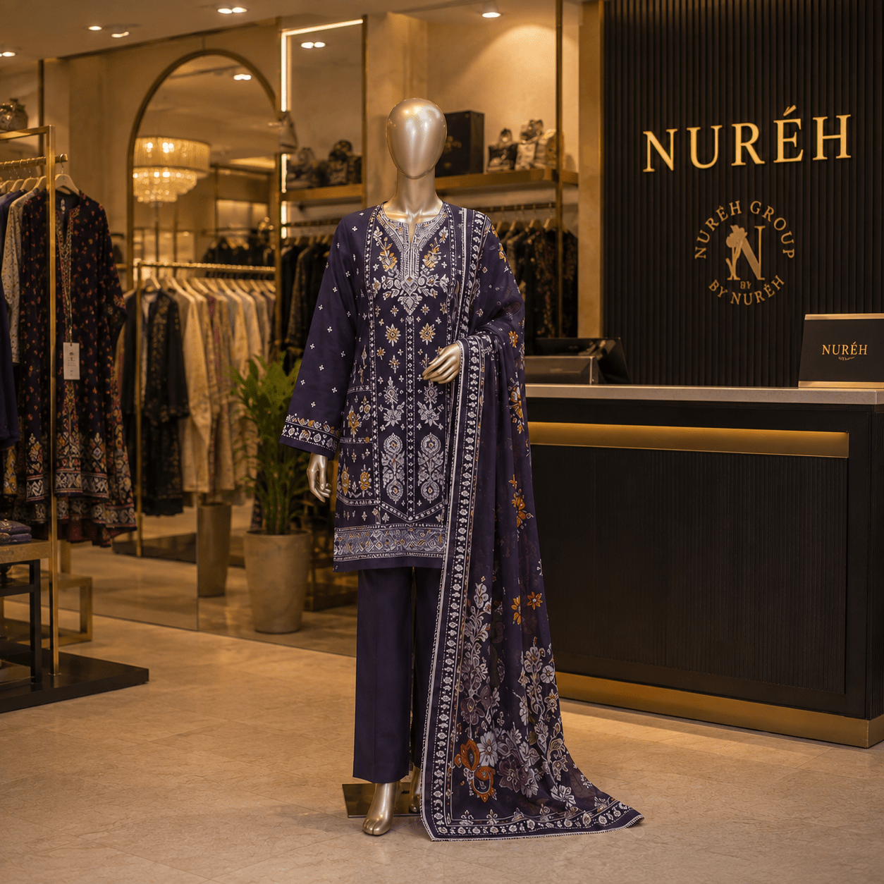 Nureh Riaz Arts Luxury Embroidered 3pc - Design 30 - Unstitched 3Pc - wirsa fabric