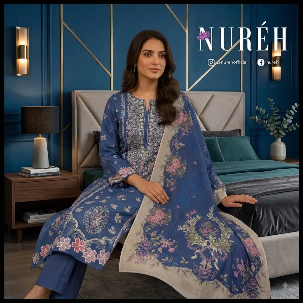 A woman models a blue traditional South Asian salwar kameez suit with intricate white embroidery and a matching dupatta featuring floral prints, set in a modern bedroom with blue walls and gold accents.
By WirsaFabric