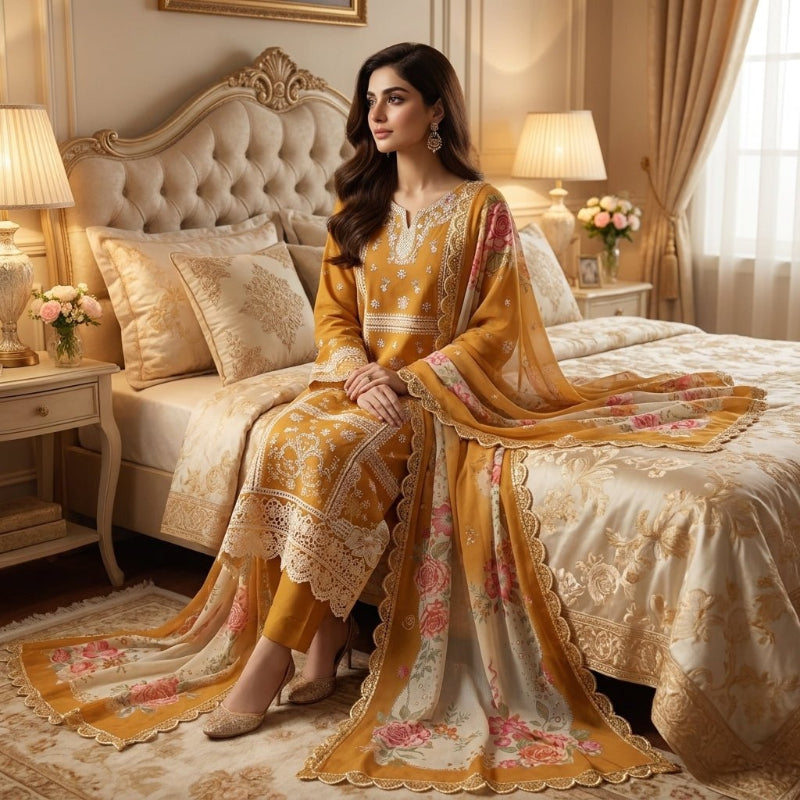Nureh Riaz Arts Luxury Embroidered 3pc - Design 22 - Unstitched 3Pc - wirsa fabric