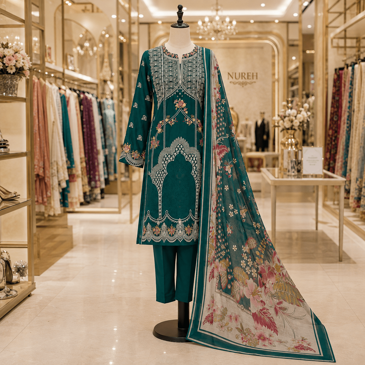 Nureh Riaz Arts Luxury Embroidered 3pc - Design 31 - Unstitched 3Pc - wirsa fabric
