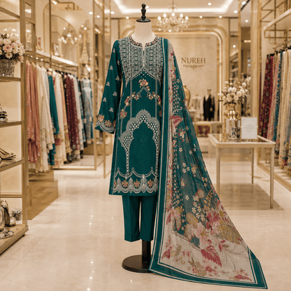 Nureh Riaz Arts Luxury Embroidered 3pc - Design 31 - Unstitched 3Pc - wirsa fabric