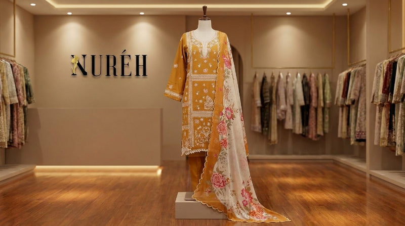Nureh Riaz Arts Luxury Embroidered 3pc - Design 22 - Unstitched 3Pc - wirsa fabric