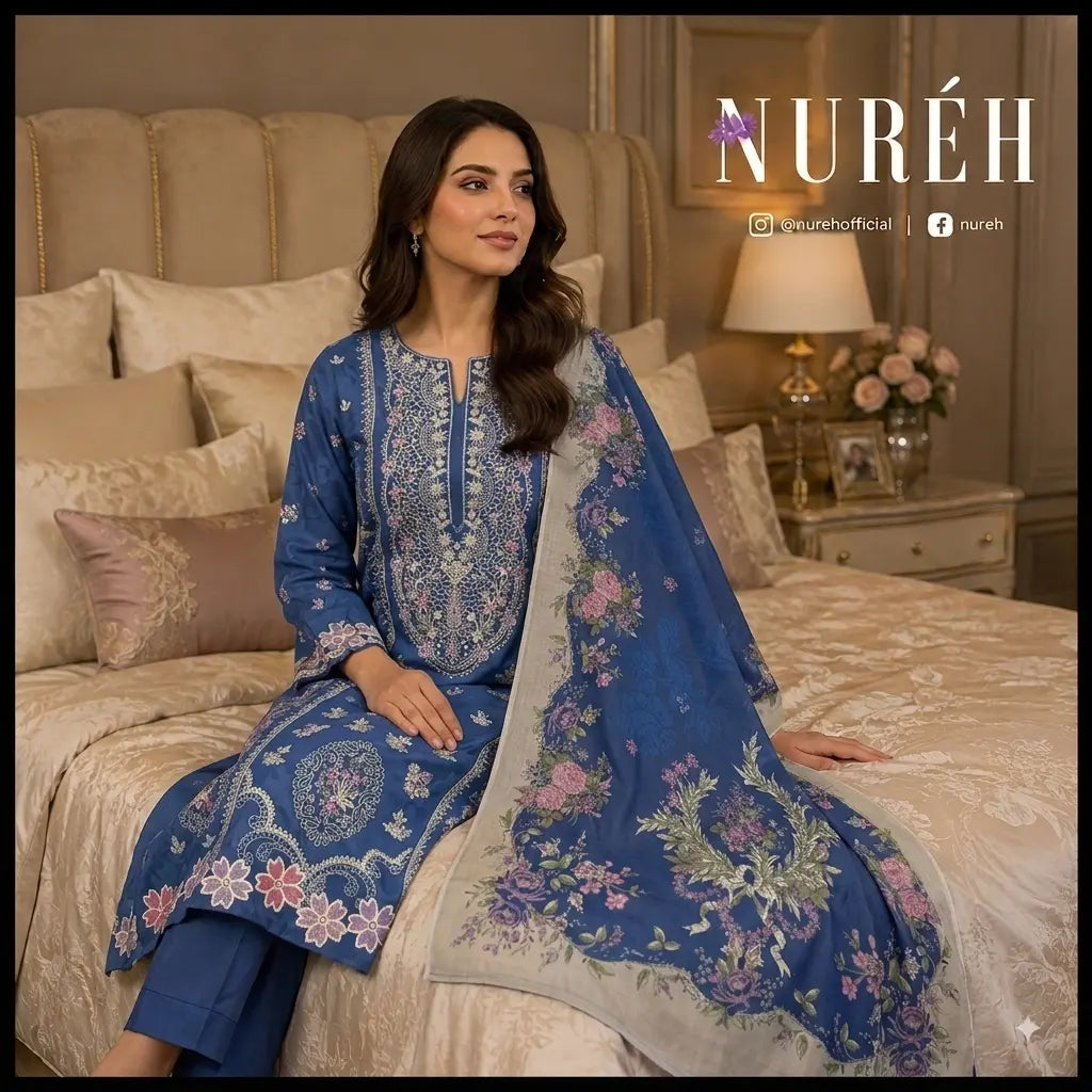 A woman models a blue embroidered traditional outfit with a matching dupatta in a beautifully decorated bedroom. The outfit features intricate white and pink floral embroidery.by Wirsa Fabric