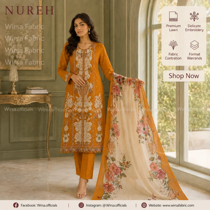 Nureh Riaz Arts Luxury Embroidered Lawn 3pc Design 36 - Embroidered Front with Silk Dupatta | Wirsa Fabric Pakistan