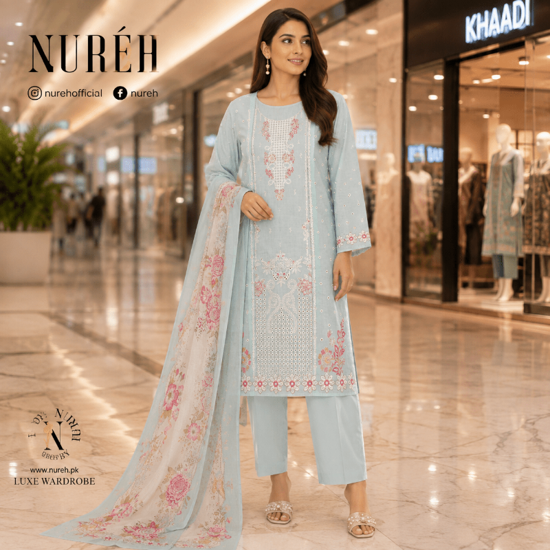 Nureh Riaz Arts Luxury Embroidered 3pc - Design 26 - Unstitched 3Pc - wirsa fabric