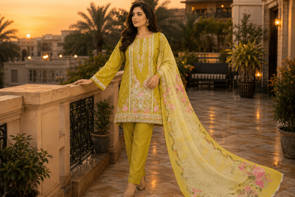 Nureh Riaz Arts Luxury Embroidered 3pc - Design 27 - Unstitched 3Pc - wirsa fabric