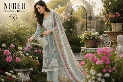 Nureh Riaz Arts Luxury Embroidered 3pc - Design 28 - Unstitched 3Pc - wirsa fabric