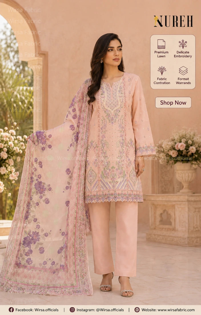 Nureh Riaz Arts Luxury Embroidered Lawn 3pc Design 38 - Embroidered Front with Silk Dupatta | Wirsa Fabric Pakistan
